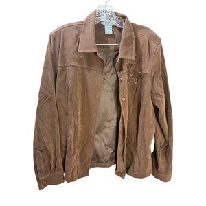 Koret Petite Brown Button-Up Jacket W/ Floral Embroidery Size PL Polyester & Spa